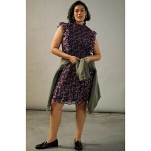 Anthropologie Ranna Gill Floral High Neck Smocked Mini Dress